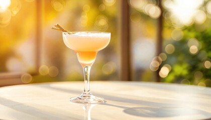 Cocktail glass with orange drink on table in warm sunlight  