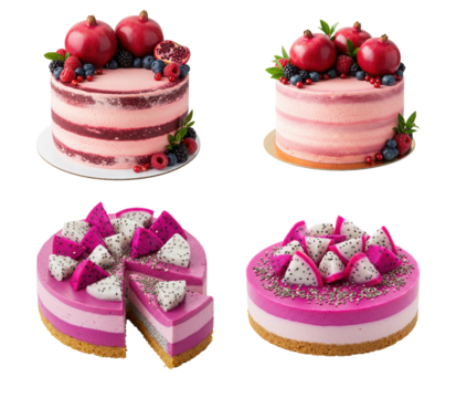 Collection of four pink cakes topped with fresh fruits like pomegranate, berries, and dragon fruit, styled in layered and mousse designs.
