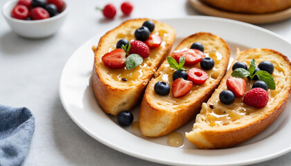 Delicious french toast topped with fresh berries and honey  