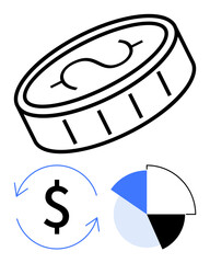 Coin designed with dollar emblem alongside currency exchange arrows and a segmented pie chart. Ideal for finance, investments, accounting, trade, analytics, budgeting, and savings. Flat simple