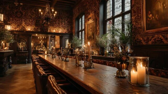 A richly decorated dining hall with high ceiling, long wooden table, candle holders, and baroque-style wallpaper, evoking European aristocracy
