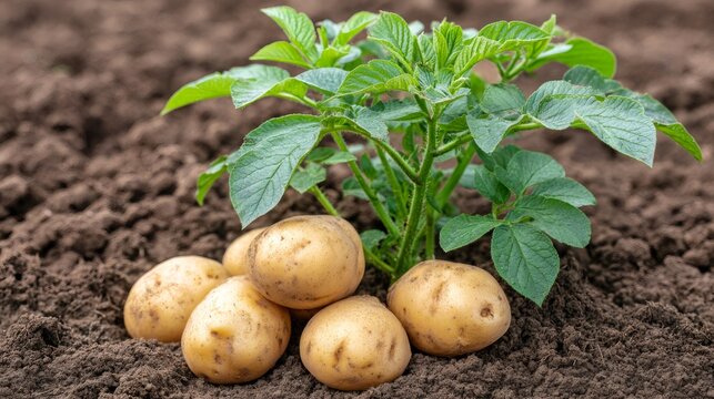 Bushy potato plant growing in dark soil with freshly dug potatoes