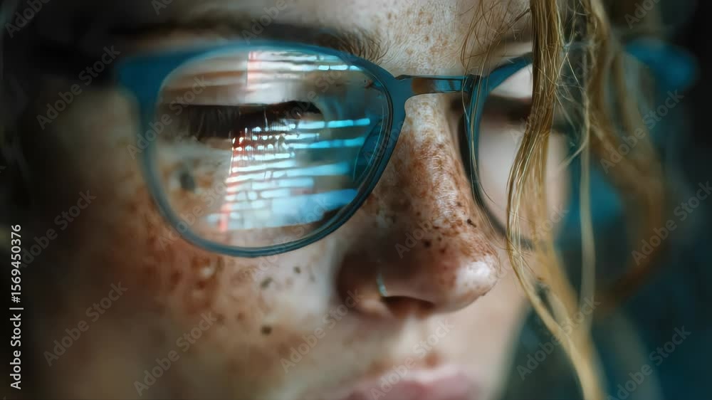 Poster close-up of a woman with glasses reflecting programming code, symbolizing technology and software de
