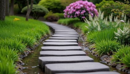Fototapeta premium Serene garden pathway tranquil park image lush environment close-up view nature's beauty