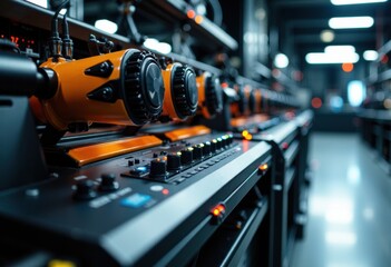 Server racks with networking equipment and orange cables in a data center
