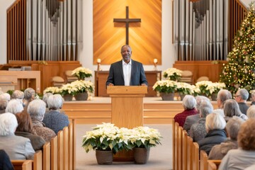 Pastor giving sermon to congregation in church at christmas time