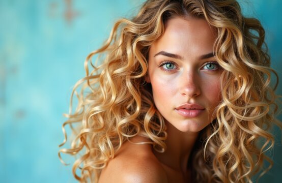 Close-up of a young woman with curly blonde hair and blue eyes against a vibrant blue background - Powered by Adobe