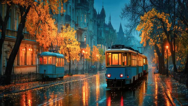 Charming street scene with vintage trams and glowing streetlights on a rainy evening, vibrant autumn trees reflecting on the wet pavement