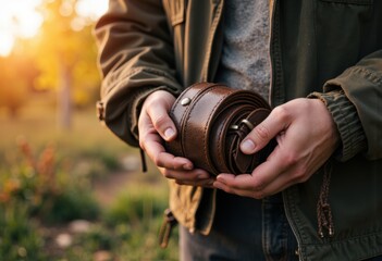 Fototapeta premium Man holding rolled leather belt outdoors during sunset
