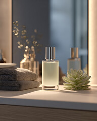 Serene bathroom scene featuring glass serum bottle, soft towels, and succulent plant. gentle lighting creates calming atmosphere, perfect for relaxation and self care