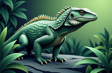Obraz premium Colorful digital illustration of a green iguana in a lush jungle setting