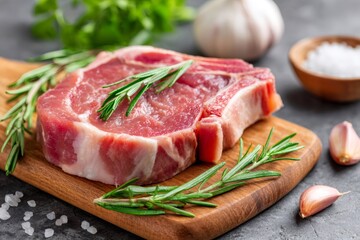 Fototapeta premium Fresh pork steak with rosemary and garlic on cutting board