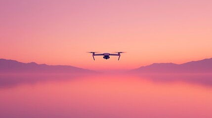 Fototapeta premium Drone Flying Over Pink Sunset Lake Landscape