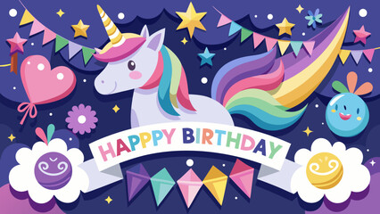 Cute unicorn birthday celebration with rainbow mane and festive decorations