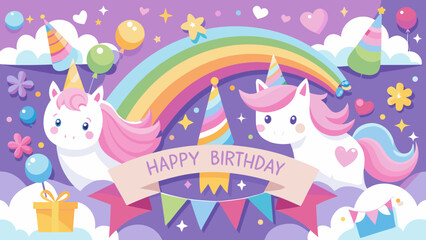 Cute unicorns celebrate happy birthday with rainbow and party decorations