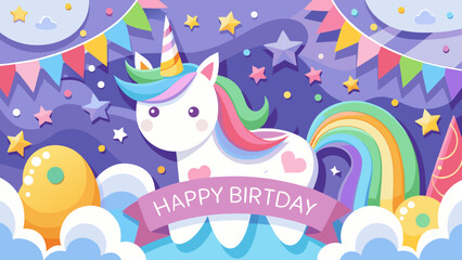Cute unicorn with rainbow mane and tail celebrates a happy birthday with stars and balloons