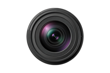 Close up of a camera lens with purple and green reflections isolated on transparent background