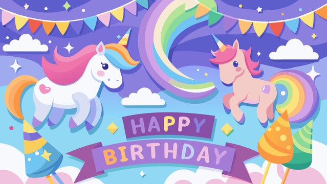 Whimsical birthday celebration with two unicorns rainbow and festive decorations