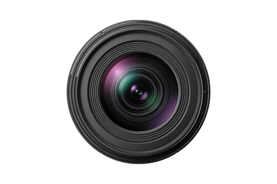 Close up of a camera lens with purple and green reflections isolated on transparent background