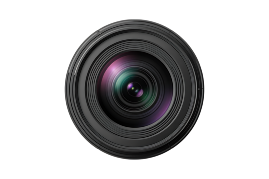 Close up of a camera lens with purple and green reflections isolated on transparent background