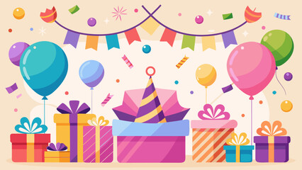 Festive birthday celebration with colorful balloons gifts and party hat