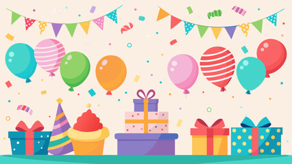 Colorful birthday celebration with balloons gifts cupcake and party hats