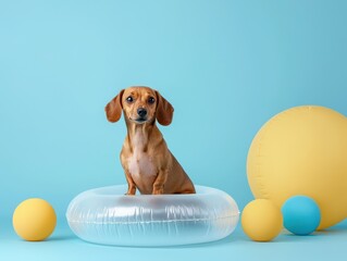 A playful dog sits in a clear inflatable ring, surrounded by colorful balls against a bright blue background.