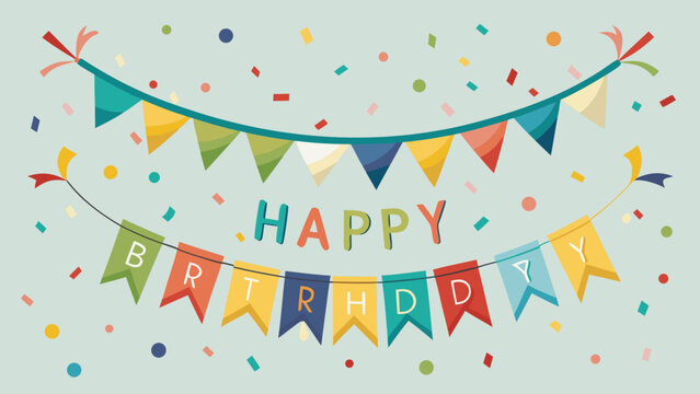 Colorful happy birthday bunting flags and confetti celebration background