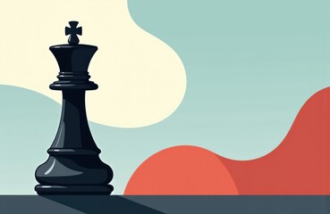 A stylized illustration of a black king chess piece on a dark surface with abstract colorful background elements