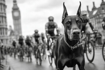 A doberman stands out in a crowd of cyclists near big ben in black and white