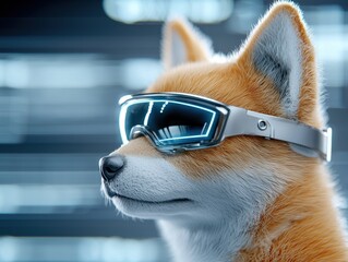 A stylish fox wearing futuristic sunglasses, set against a high-tech background, blending nature and technology.