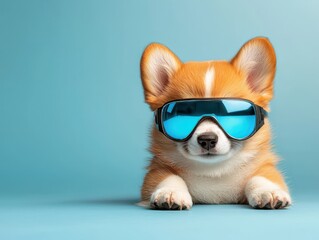 An adorable corgi wearing stylish blue sunglasses, resting on a light blue background, exudes cuteness and charm.