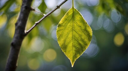 Close up of a single green leaf hanging from a branch with a blurred background of green and blue