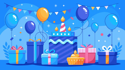 Festive birthday celebration with cake balloons and gifts on blue background