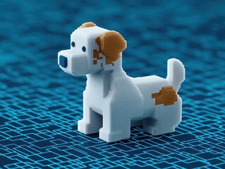 A pixelated dog figure stands on a digital blue background, showcasing a playful and modern design.