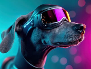 A stylish dog wearing sunglasses poses against a vibrant, colorful background, embodying a playful and trendy vibe.