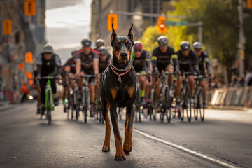 A doberman pinscher walking in front of a group of cyclists on a city street