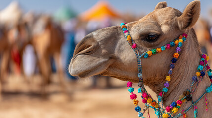 Decorated Camel at Buraidah Camel Festival with Colorful Beads and Festival Crowd in Background, Saudi Arabia Heritage Event