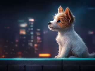 A cute dog with a fluffy coat sits against a night city backdrop, exuding curiosity and charm.