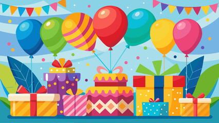 Obraz premium Festive birthday celebration with colorful balloons and wrapped gifts