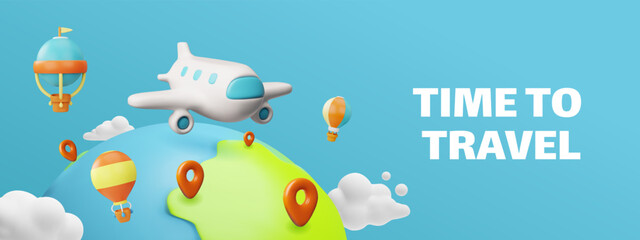 3D banner with an airplane and hot air balloons flying over the planet earth.