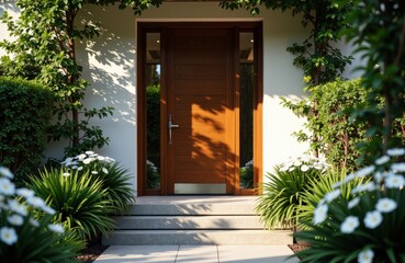 A wooden front door surrounded by lush green plants and white flowers in a garden setting