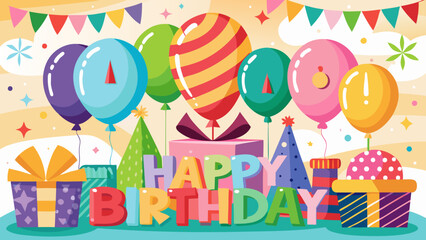Colorful happy birthday celebration with balloons gifts and party hats