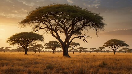 Savanna landscape featuring umbrella acacia trees at sunset with golden light and dry grass plains