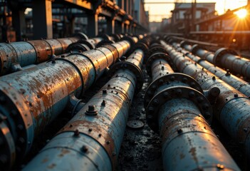 Rusty industrial pipes lying on the ground with a sunset in the background creating a warm glow