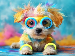 A colorful, fluffy dog with vibrant hair and oversized glasses poses playfully against a bright backdrop, exuding charm and whimsy.