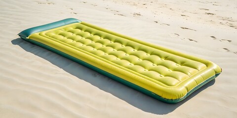 Inflatable air mattress on a sandy beach, perfect for summer relaxation and water activities