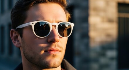 Young caucasian male wearing stylish sunglasses outdoors in sunlight