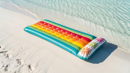  Brightly colored striped inflatable air mattress with floral pillow design resting on pristine white sand next to clear turquoise water, perfect for a tropical beach vacation