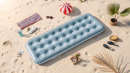  Overhead view of various beach essentials scattered around a blue inflatable mattress on soft sand, perfect for a relaxing summer day